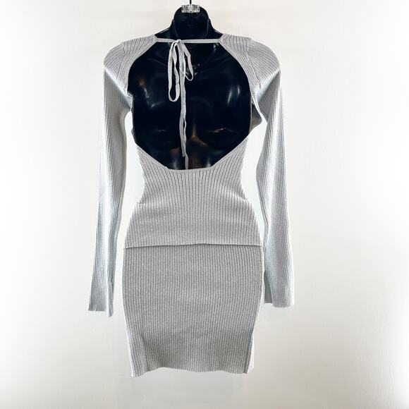 PrettyLittleThing Silver Glitter Knit Open Back Top and Mini Skirt Set S / M - Picture 12 of 12
